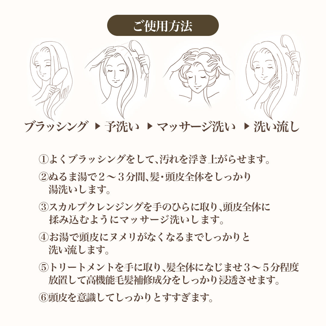 頭皮に究極に優しい成分だけを配合した泡立たないシャンプー&トリートメントの使い方